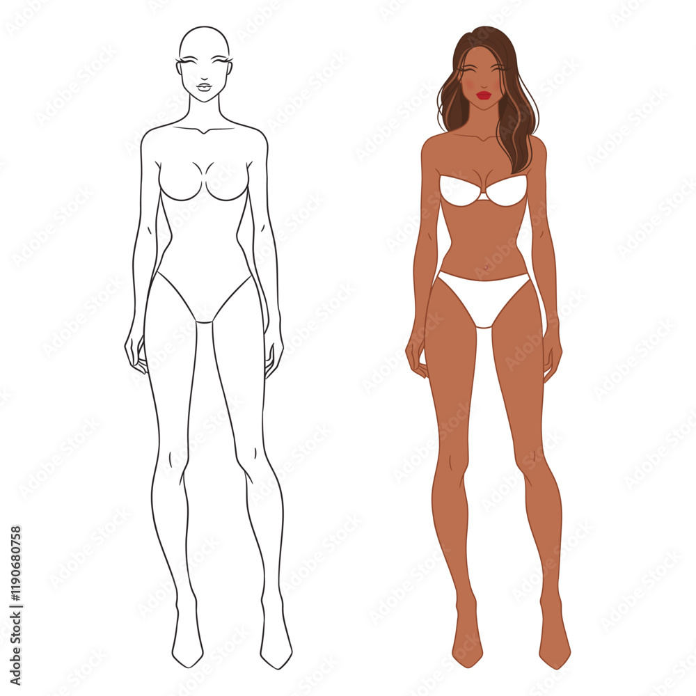 Eight-head fashion figure template. The female fashion croquis. Vector illustration of a young woman wearing lingerie, isolated on a white background. Eight-head fashion figure template. The female fashion croquis. Vector illustration of a young woman wearing lingerie, isolated on a white background.