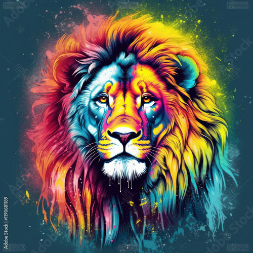  Lion  T-shirt design multicolor hair in vector art