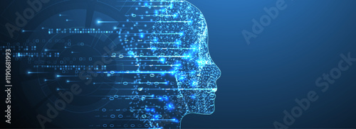 Artificial Intelligence. Technical background with a silhouette of a man. Big data concept. Machine cyber mind.