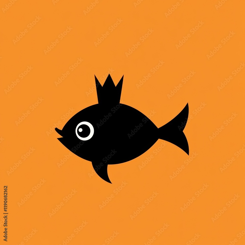 Cartoon black fish swims orange background, children's book illustration Cartoon black fish swims orange background, children's book illustration