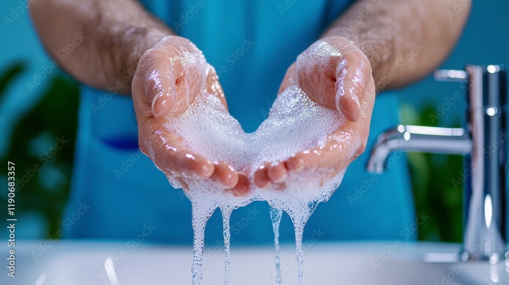 Fototapeta premium A man is washing his hands in a sink with a lot of water coming out
