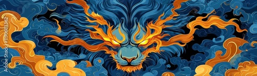 Vibrant and Artistic Lion Illustration Surrounded by Dynamic Flames and Colorful Smoke, Perfect for Creative Projects and Nature Themes photo