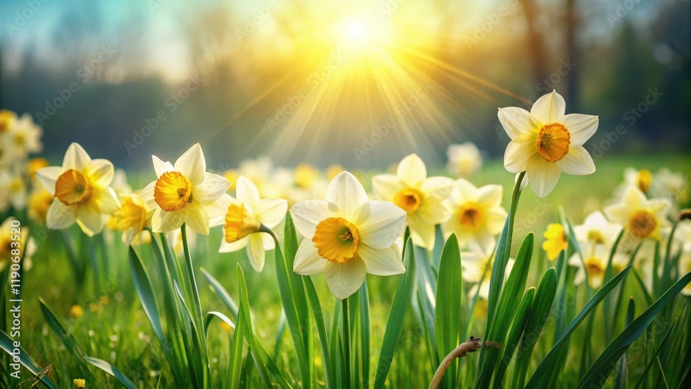 Fototapeta premium A group of daffodil flowers blooming in a field with bright sunshine and gentle breeze