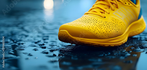 A close-up of yellow sports shoes on the ground, designed to provide maximum comfort and flexibility for every stride and movement.