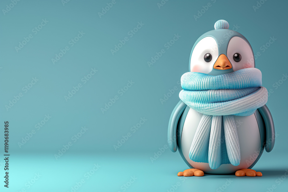 Obraz premium Cute Cartoon Penguin Wearing Scarf with Copyspace, Ice Blue Background, Winter Animal Theme