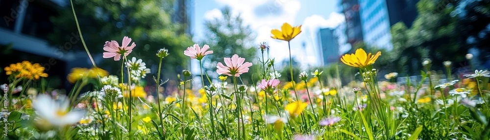 Fototapeta premium Beautiful Urban Flower Field with Colorful Wildflowers in a Bright City Park Surrounded by Modern Architecture and Natural Greenery
