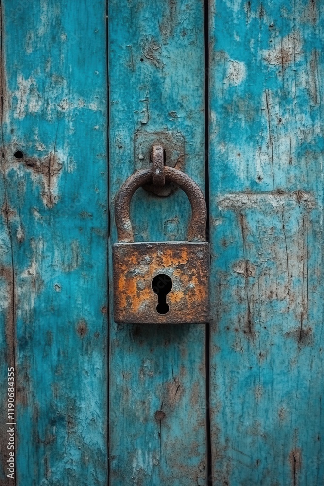 A serene shot of a rusty old lock hanging on a weathered wooden door A serene shot of a rusty old lock hanging on a weathered wooden door