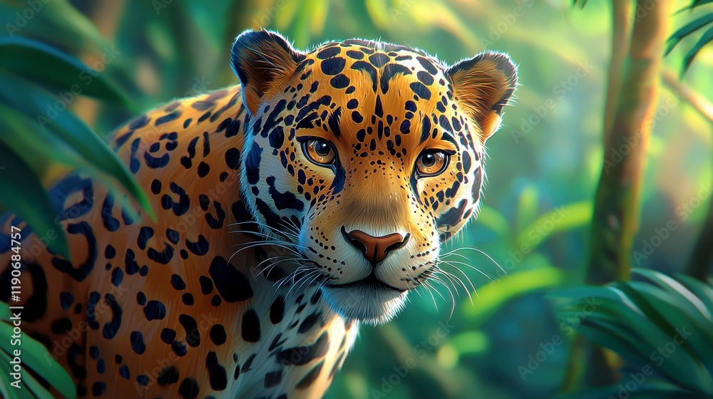 Fototapeta premium Majestic jaguar gazing through vibrant jungle foliage with sunlight filtering through leaves, showcasing the beauty of wildlife and natural habitats in vivid detail