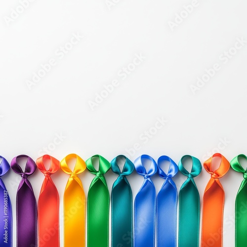 Colorful Satin Ribbons Organized in a Row Displaying a Vibrant Spectrum of Colors Including Purple, Red, Yellow, Green, and Blue on a Clean White Background photo