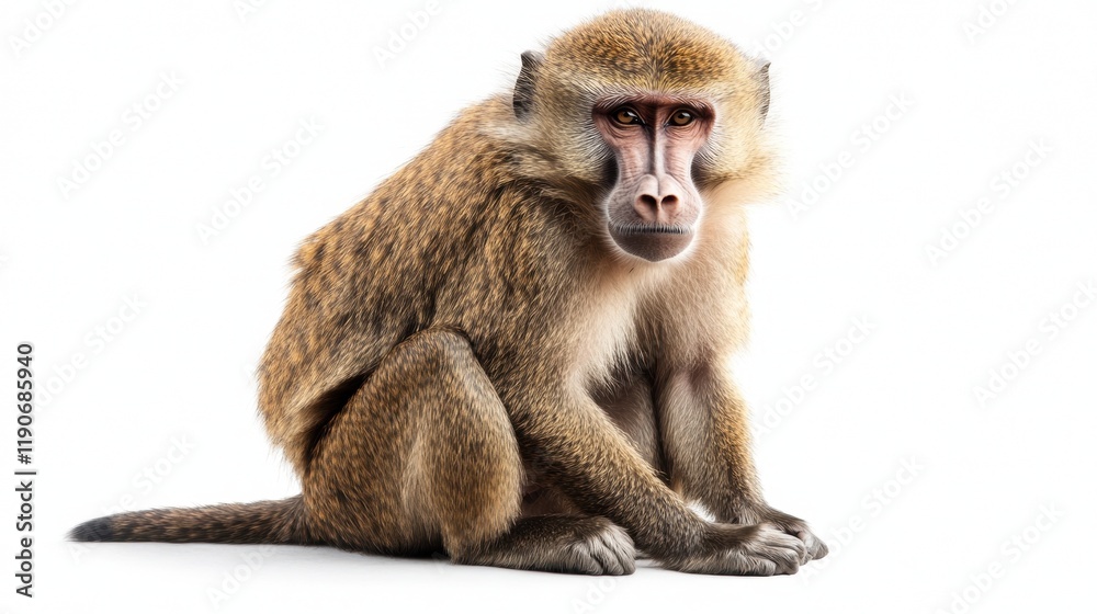 Portrait of a Curious Baboon Sitting Against a White Background Portrait of a Curious Baboon Sitting Against a White Background