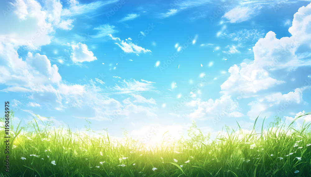 Sunny Day Bright Sky Lush Green Grass Field Sunny Day Bright Sky Lush Green Grass Field