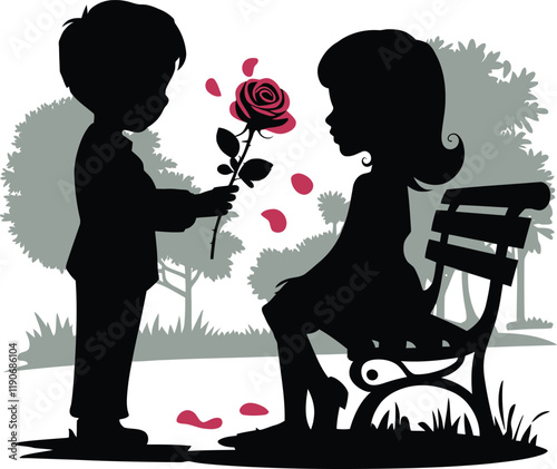 Boy Giving Rose to Girl Silhouette Vector Art