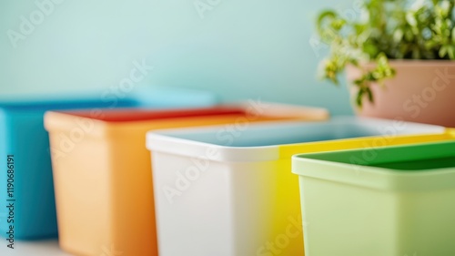 Colorful food storage containers in a bright kitchen. Food safety conceptual image.
