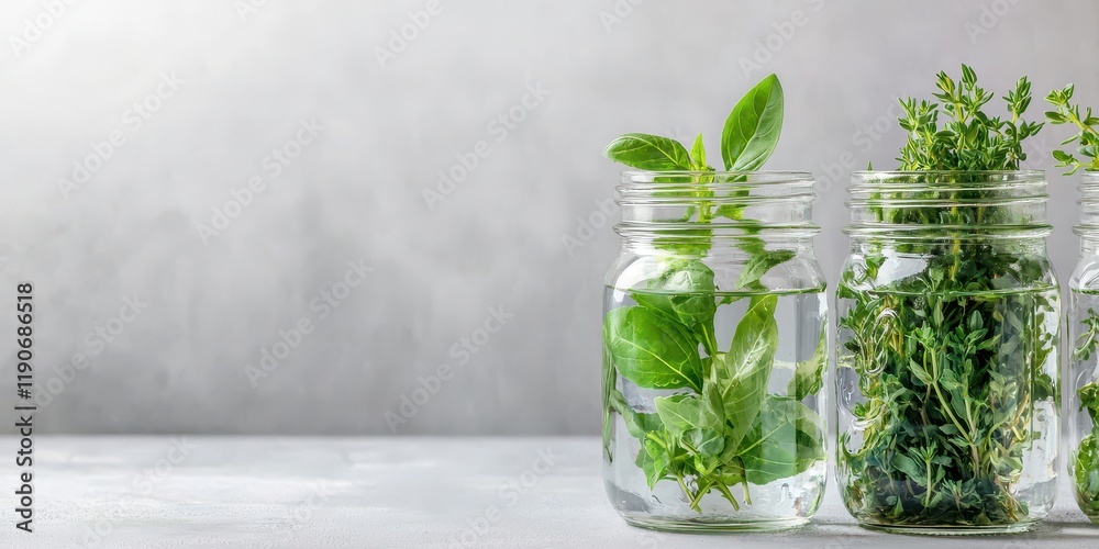 Fresh herbs in a mason jar filled with water for preservation. Food safety conceptual image. Fresh herbs in a mason jar filled with water for preservation. Food safety conceptual image.