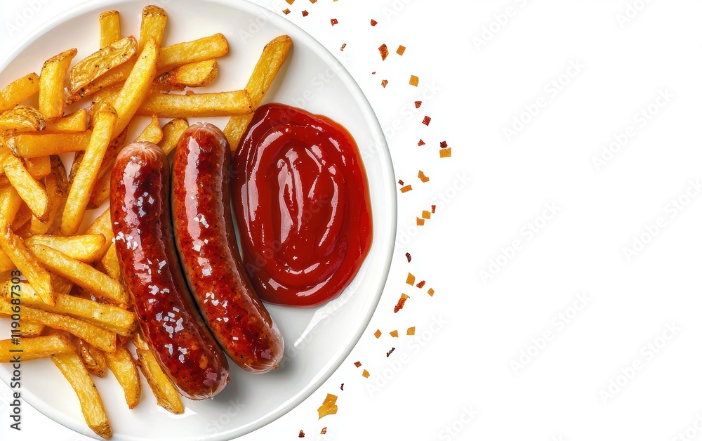 A plate of currywurst with flying fries and curry ketchup on a white background