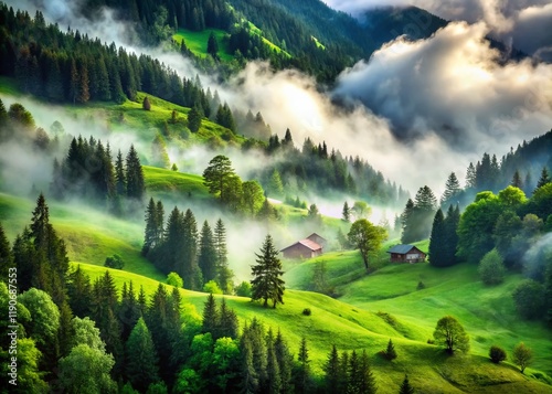 Misty Mountain Forest & Grassland in Trabzon, Turkey - Black Sea Region Double Exposure photo