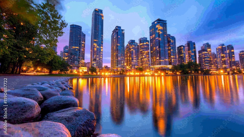 Fototapeta premium A city skyline is reflected in the water of a lake