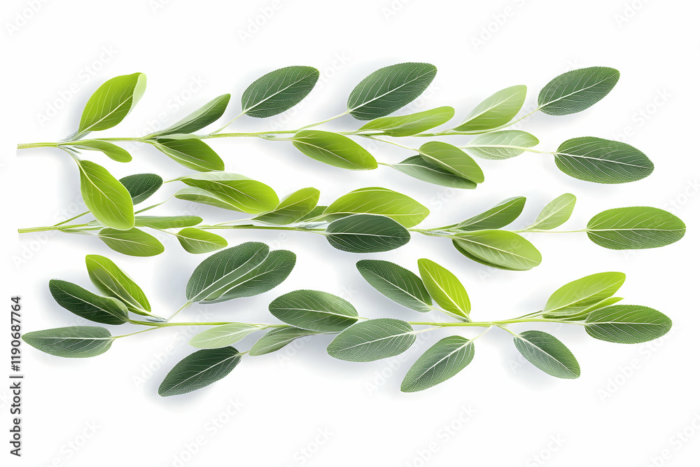Naklejka premium Green leaves, branches, nature, spring, flat lay, white background, botanical illustration, design element