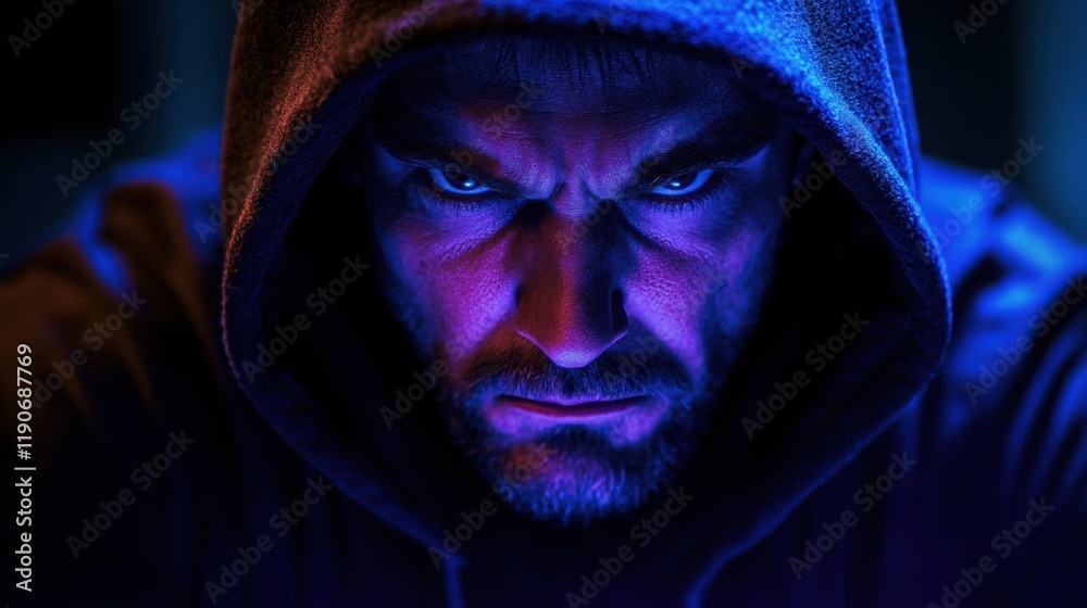 Intense Man in Hoodie with Dramatic Lighting and Moody Expression