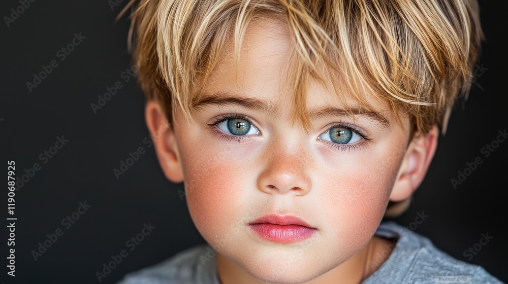 A young boy with blonde hair and blue eyes is looking at the camera A young boy with blonde hair and blue eyes is looking at the camera