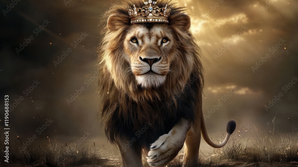 Fototapeta premium Majestic lion adorned with a golden crown walking confidently through a sunlit savanna, symbolizing power, royalty, and natural beauty in wildlife photography