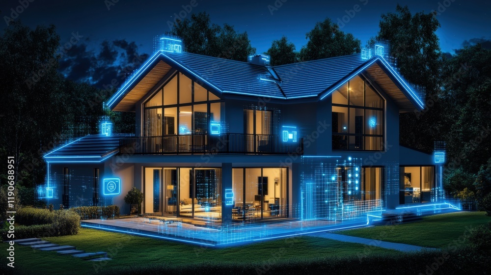 Smart Home Technology with Digital Connectivity at Night Smart Home Technology with Digital Connectivity at Night