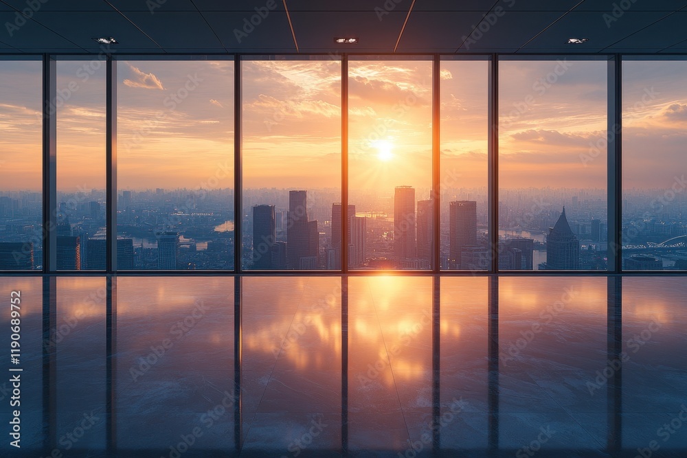 Fototapeta premium Stunning Urban Sunset View from Modern Skyscraper with Panoramic Windows Overlooking City Skyline and Vibrant Sky