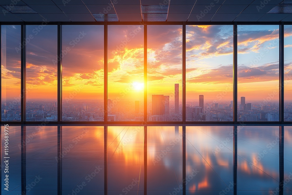 Fototapeta premium Stunning Sunset View from Modern Office Building with Panoramic Windows Overlooking City Skyline