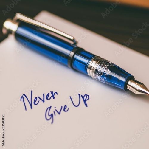 Elegant Blue Pen with Inspirational Quote on White Paper Capturing the Essence of Determination and Persistence in a Motivational Setting