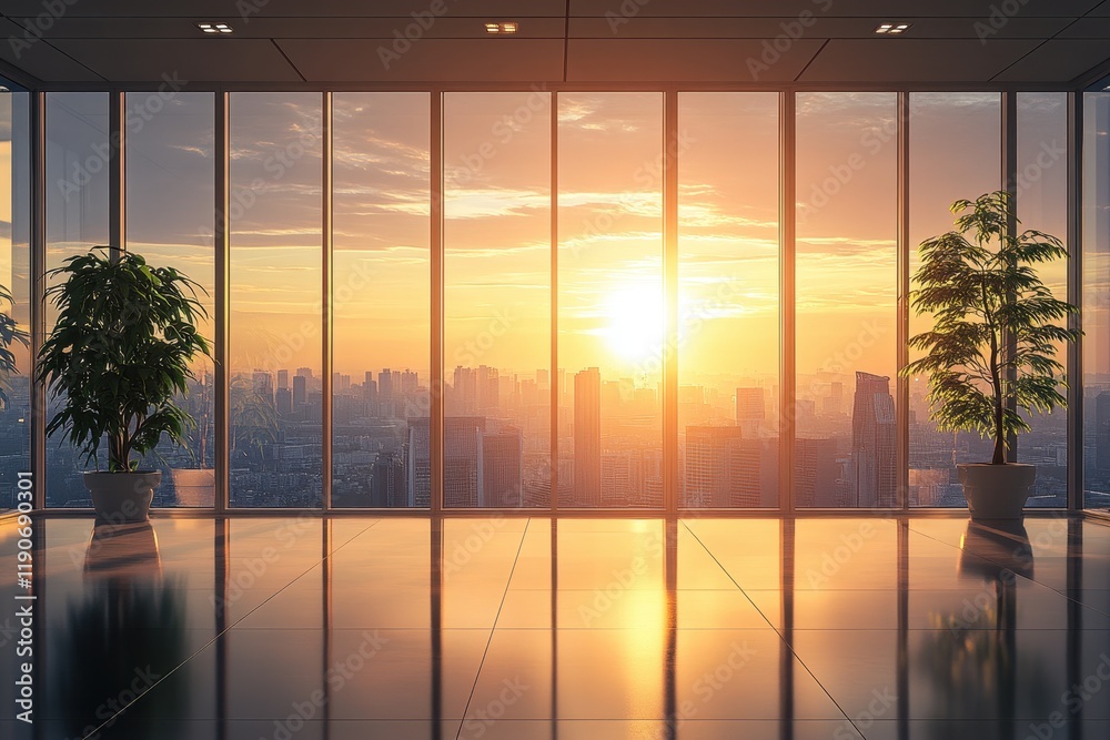 Fototapeta premium Modern Office Interior with Panoramic City View and Sunset Through Large Glass Windows