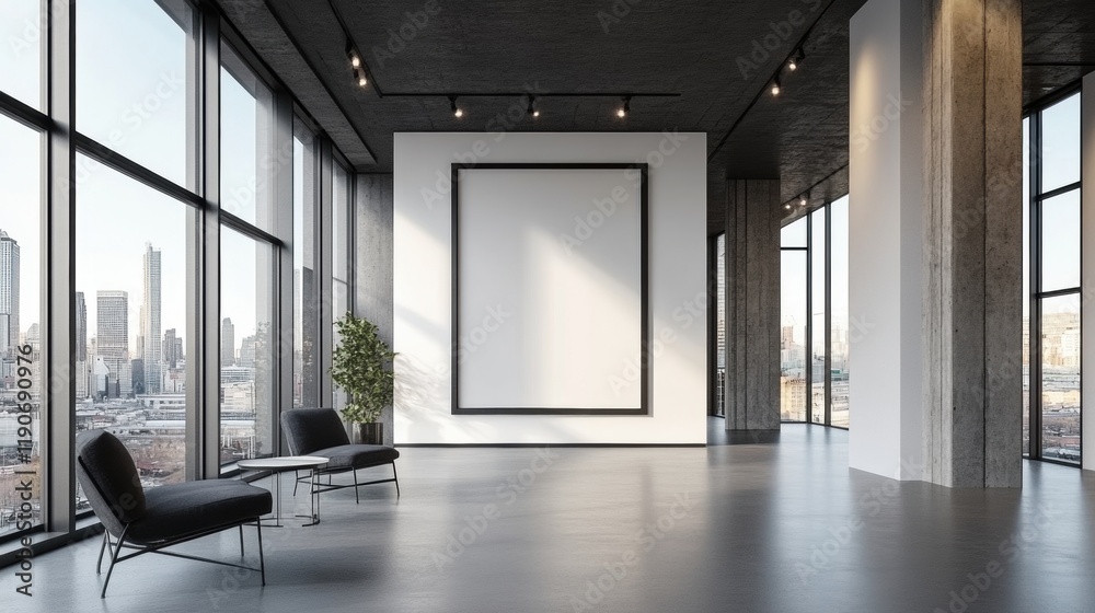 Modern art gallery interior with empty frame and city view Modern art gallery interior with empty frame and city view