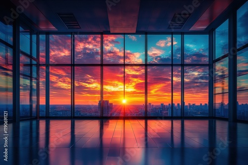 Stunning Sunset View from Modern Office Building with Panoramic Windows Overlooking City Skyline
