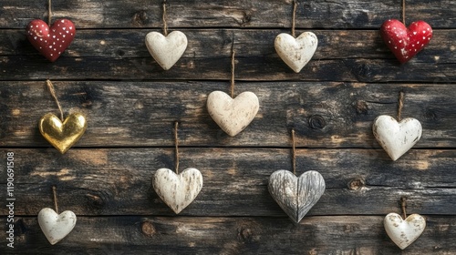 Decorative Hearts Hanging on Wooden Wall for Romantic Aesthetic