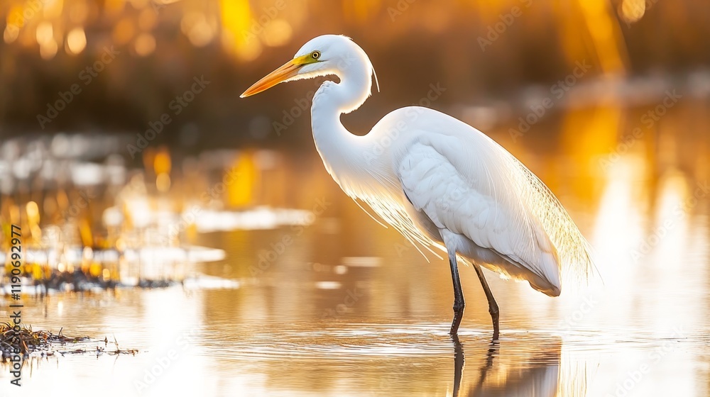 Naklejka premium Elegant Egret Standing Gracefully in Shimmering Water at Sunrise, Surrounded by Lush Vegetation and Bathed in Golden Light, Capturing a Serene Moment in Nature