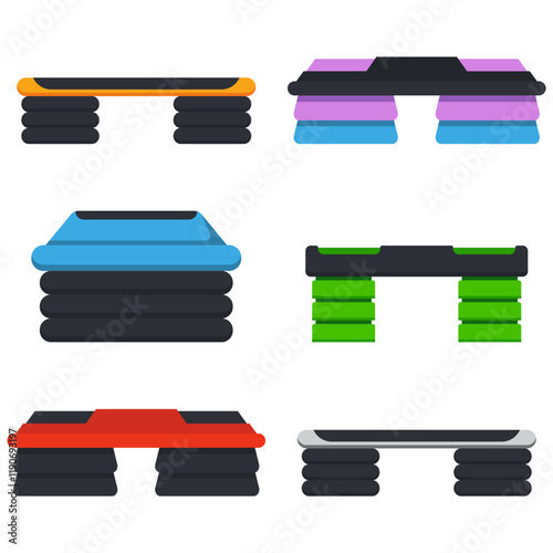 Aerobic step platforms vector cartoon set isolated on a white background.