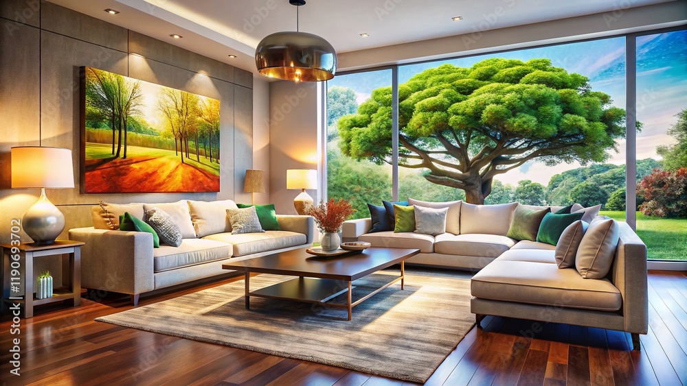 Modern Living Room Interior with Large Tree Canvas Art, Stylish Home Decor Modern Living Room Interior with Large Tree Canvas Art, Stylish Home Decor