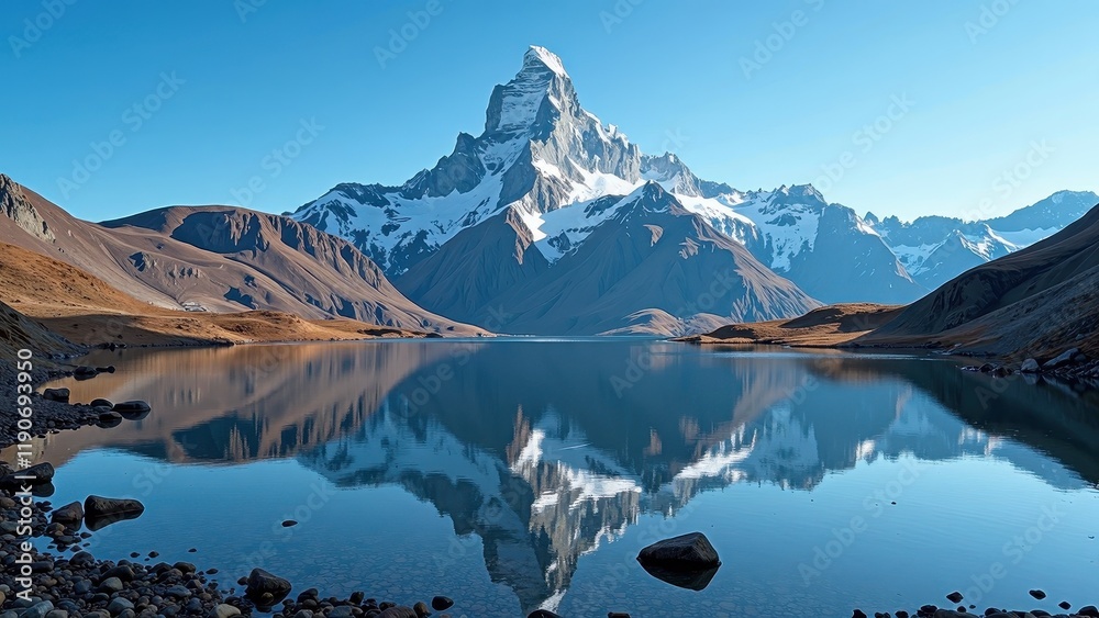Obraz premium Sunlit peaks of the iconic Matterhorn overlook a serene alpine lake in Switzerland's breathtaking Zermatt region