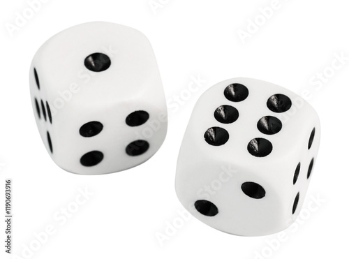 Top view of two white dices isolated on white background.