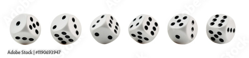 Top view Six clean dices with Numbers 1, 2, 3, 4, 5, 6,  isolated on background.