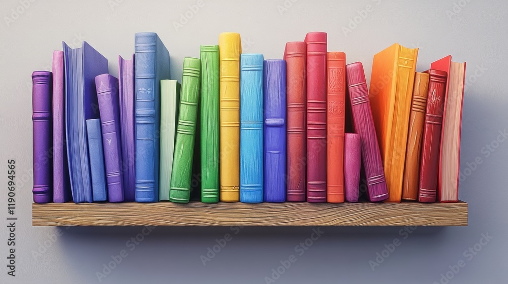Naklejka premium Colorful Collection of Books on a Wooden Shelf Display