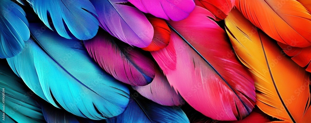 Vibrant and Colorful Feathers in Shades of Blue, Purple, Pink, Red, Orange, and Yellow Arranged Beautifully for Artistic and Creative Backgrounds Vibrant and Colorful Feathers in Shades of Blue, Purple, Pink, Red, Orange, and Yellow Arranged Beautifully for Artistic and Creative Backgrounds