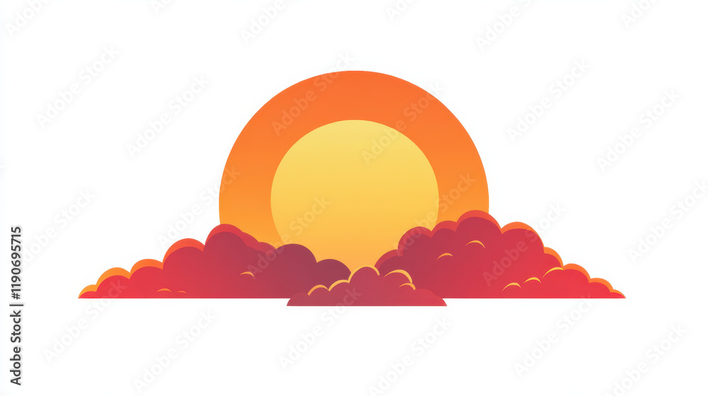 A vibrant sunset with fiery red and orange clouds, the sun setting halfway below the horizon, dramatic sharp contrasts and clean edges A vibrant sunset with fiery red and orange clouds, the sun setting halfway below the horizon, dramatic sharp contrasts and clean edges