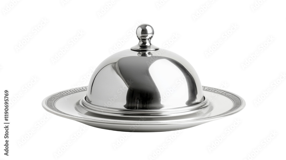 Silver serving cloche raised above empty plate transparent background Silver serving cloche raised above empty plate transparent background