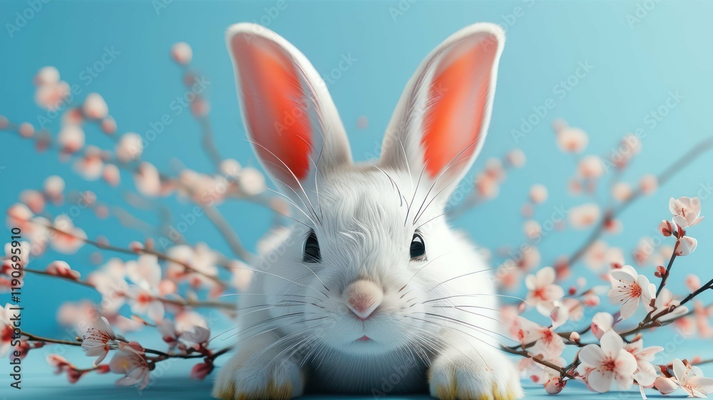 Cute fluffy rabbit surrounded by delicate spring flowers, embodying themes of innocence and seasonal beauty Cute fluffy rabbit surrounded by delicate spring flowers, embodying themes of innocence and seasonal beauty