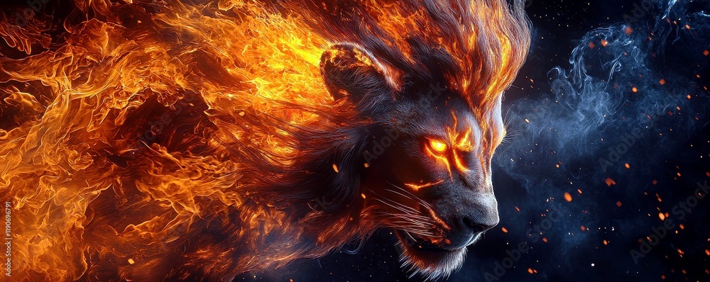 Fototapeta premium Majestic Lion Surrounded by Fiery Flames and Cosmic Elements, Showcasing Power and Beauty in a Vivid, Surreal Landscape of Energy and Light