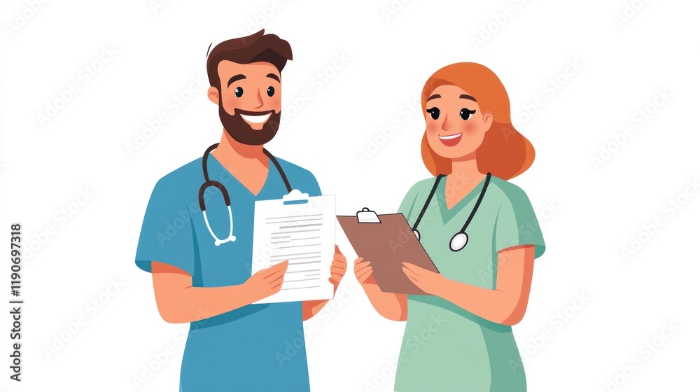 Fototapeta premium Smiling doctors reviewing patient chart.