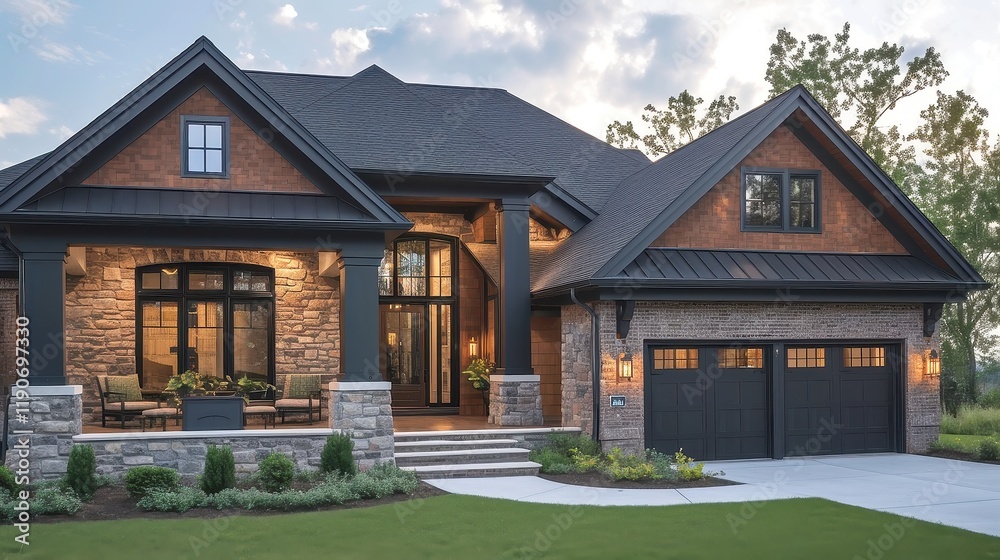 Elegant luxury residence featuring a sophisticated blend of brick and siding trim, complemented by a spacious double garage, embodying upscale architectural design and comfort. Elegant luxury residence featuring a sophisticated blend of brick and siding trim, complemented by a spacious double garage, embodying upscale architectural design and comfort.