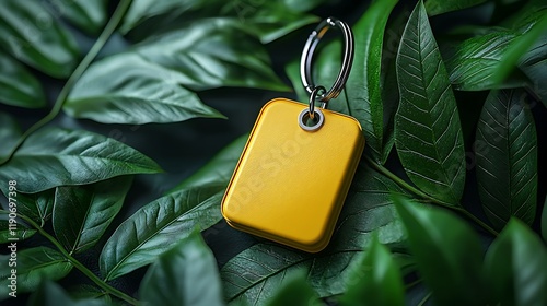 Yellow key tag on green leaves; nature background; product mockup; advertising. photo