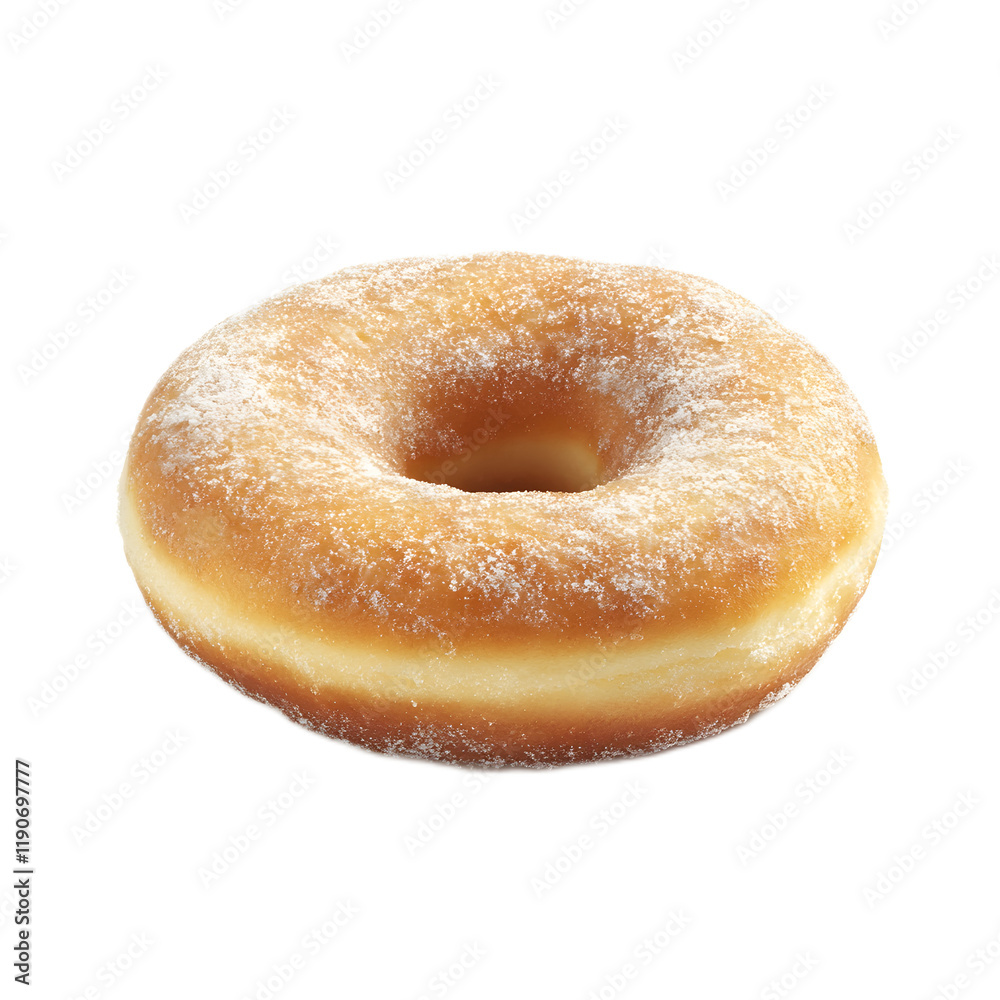 Freshly Baked Golden Glazed Donut with Powdered Sugar Coating in Close Up View Freshly Baked Golden Glazed Donut with Powdered Sugar Coating in Close Up View
