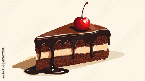 A vibrant clipart of a chocolate cake slice with dripping fudge and a cherry on top
